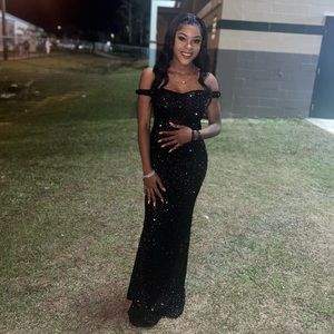 Long off the shoulder black sparkling dress